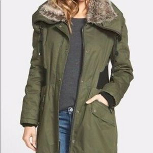 DKNY Womens Faux Fur Trim Utility Cotton Casual Parka Green